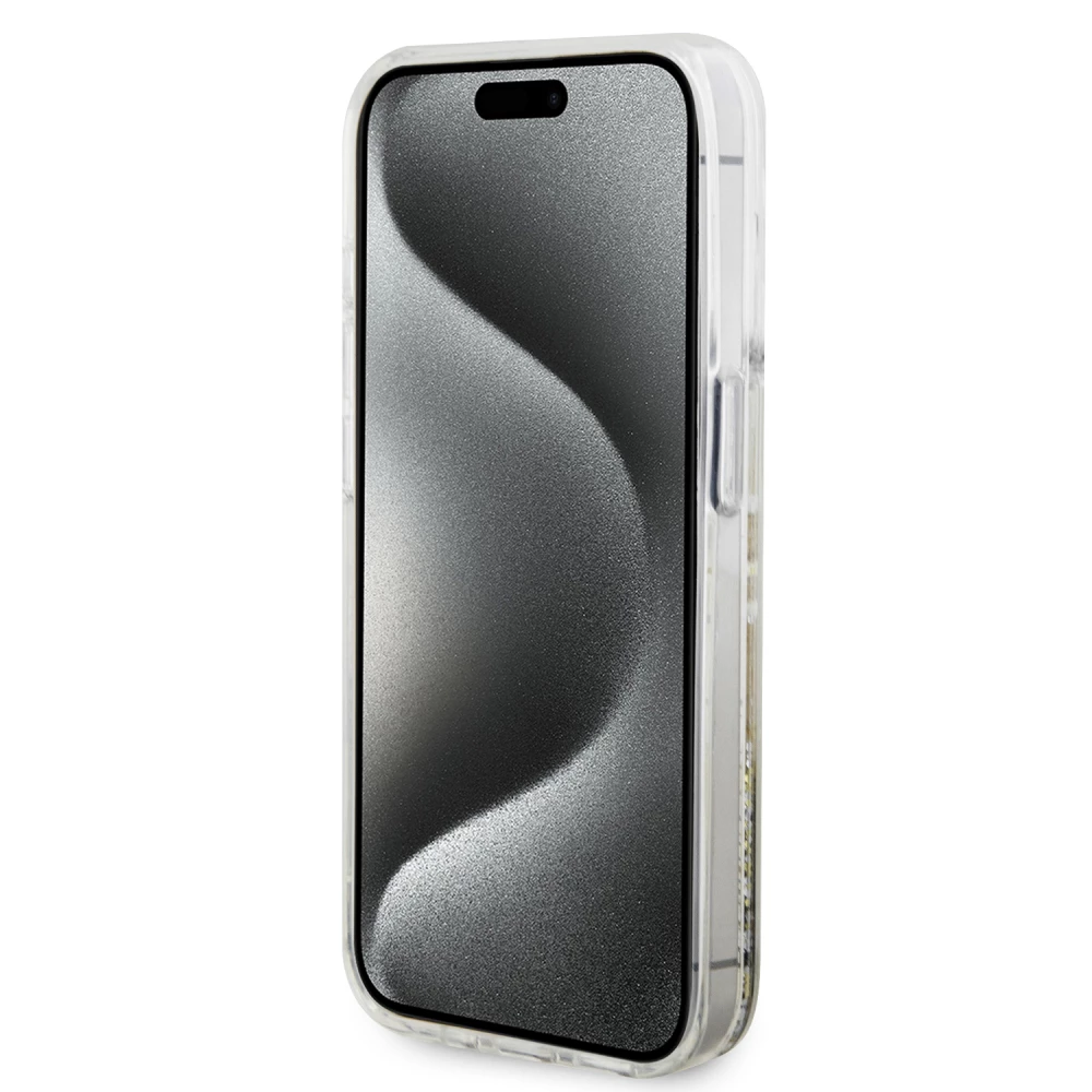 iPhone 15 Pro Max Case Hülle - Guess starres Gel flüssiger Glitter in Gold und Silber mit goldenem Logo - Transparent