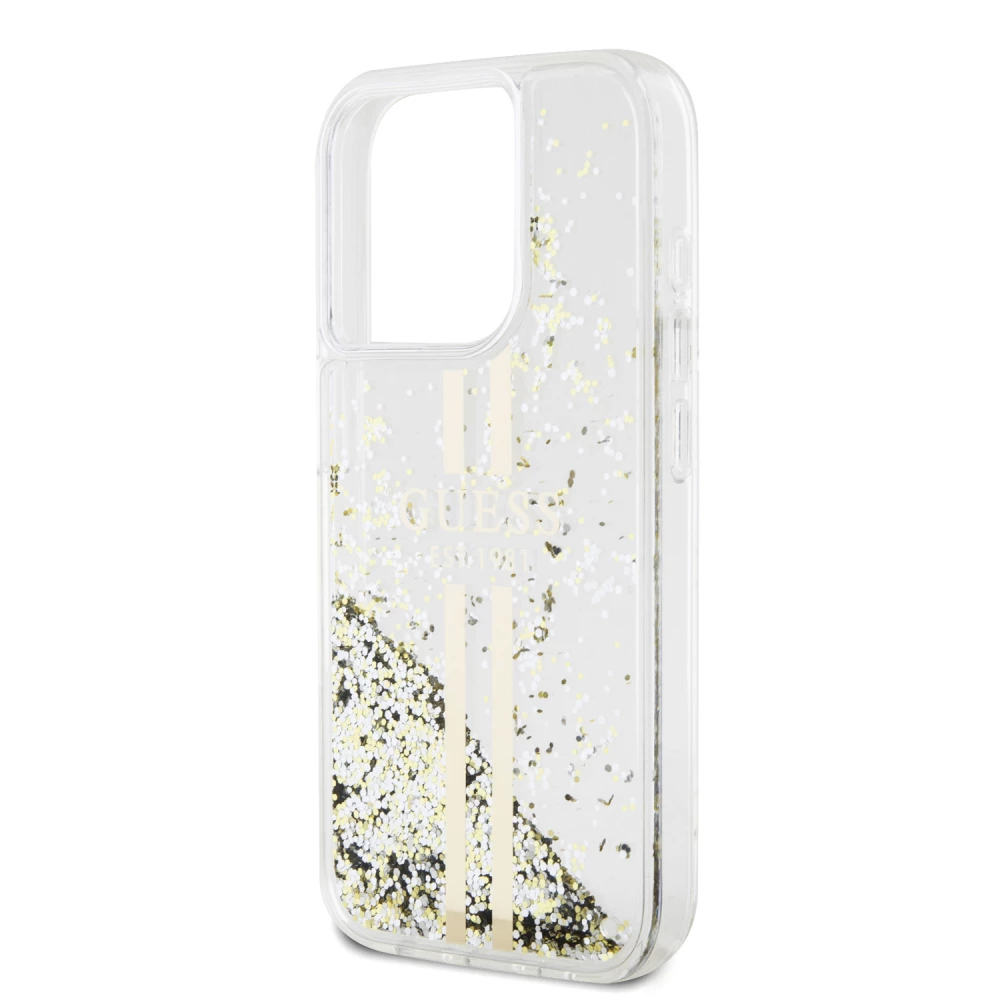 iPhone 15 Pro Max Case Hülle - Guess starres Gel flüssiger Glitter in Gold und Silber mit goldenem Logo - Transparent