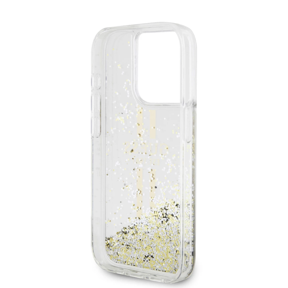 iPhone 15 Pro Max Case Hülle - Guess starres Gel flüssiger Glitter in Gold und Silber mit goldenem Logo - Transparent