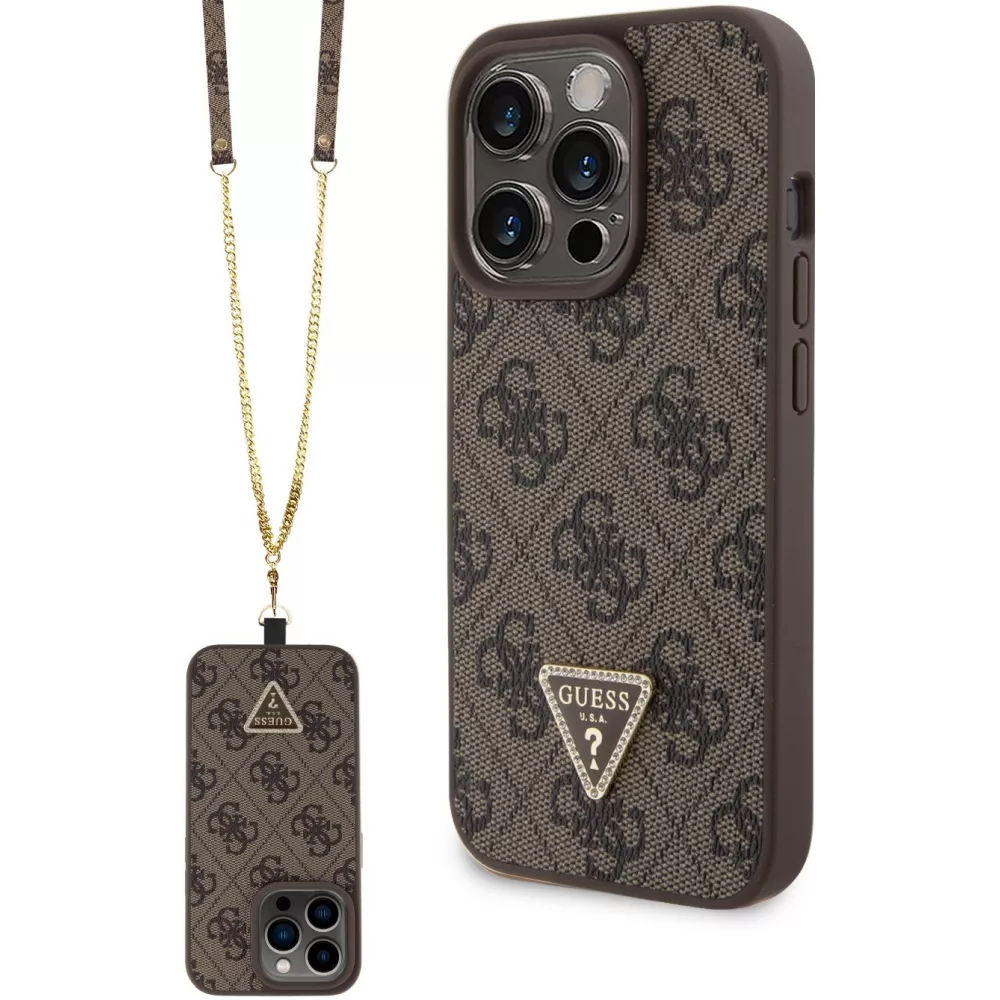 iPhone 15 Pro Case Hülle - Guess Monogramm Kunstleder Metall-Logo und Strass mit abnehmbarem Riemen - Braun