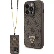 iPhone 15 Pro Case Hülle - Guess Monogramm Kunstleder Metall-Logo und Strass mit abnehmbarem Riemen - Braun