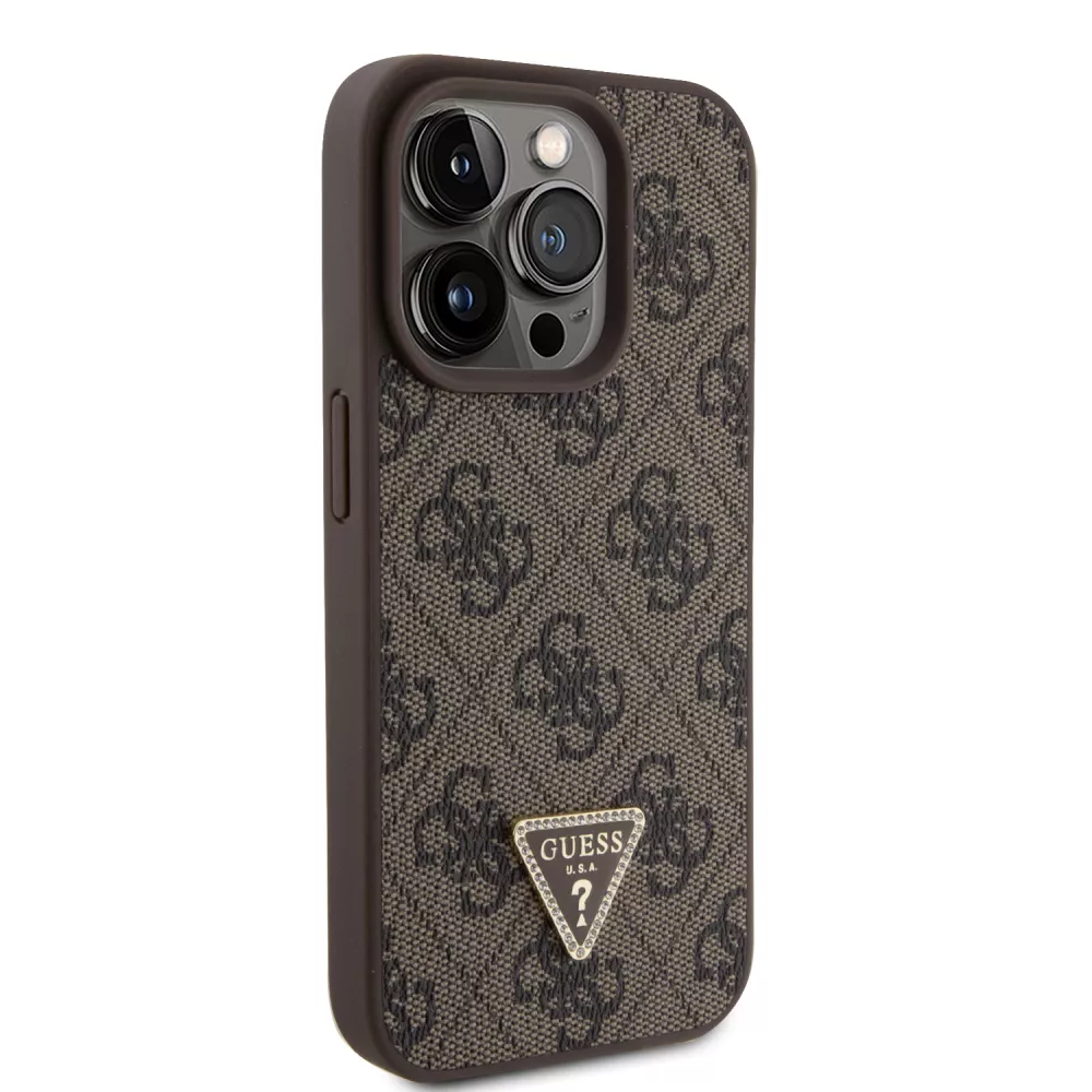 iPhone 15 Pro Case Hülle - Guess Monogramm Kunstleder Metall-Logo und Strass mit abnehmbarem Riemen - Braun
