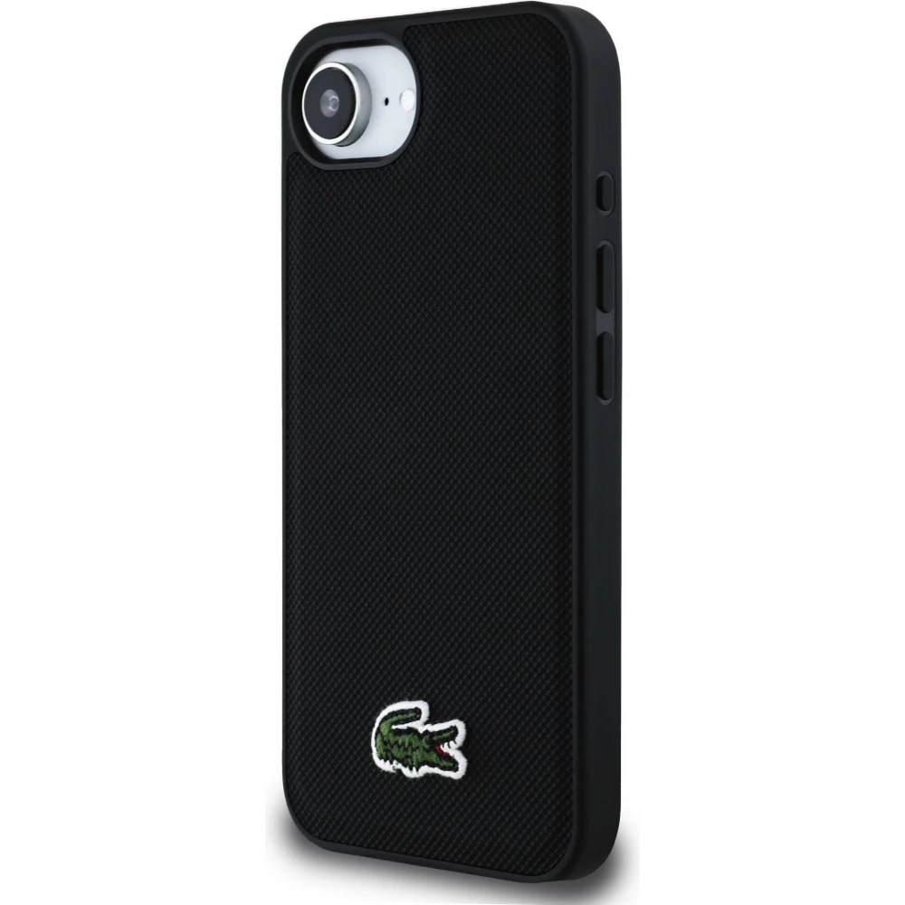 iPhone 16e Case Hülle - Lacoste Petit Piqué Effekt mit MagSafe und gesticktem Logo-Patch - Schwarz