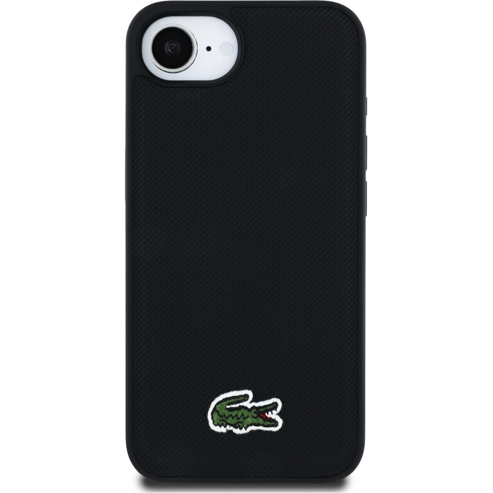 iPhone 16e Case Hülle - Lacoste Petit Piqué Effekt mit MagSafe und gesticktem Logo-Patch - Schwarz