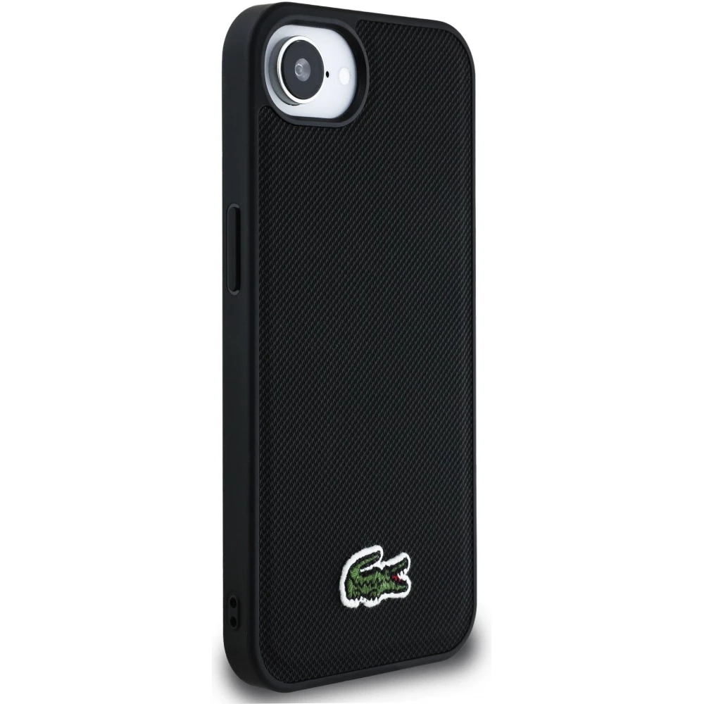 iPhone 16e Case Hülle - Lacoste Petit Piqué Effekt mit MagSafe und gesticktem Logo-Patch - Schwarz