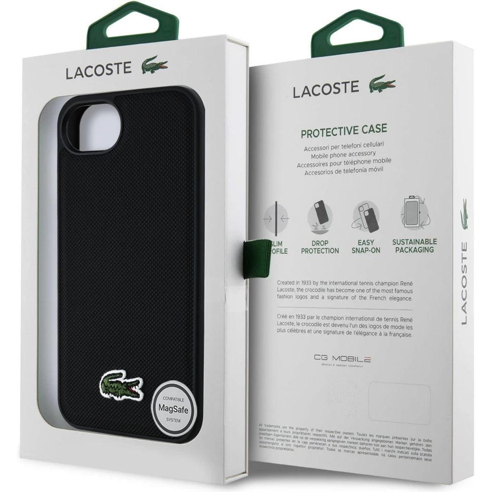 iPhone 16e Case Hülle - Lacoste Petit Piqué Effekt mit MagSafe und gesticktem Logo-Patch - Schwarz