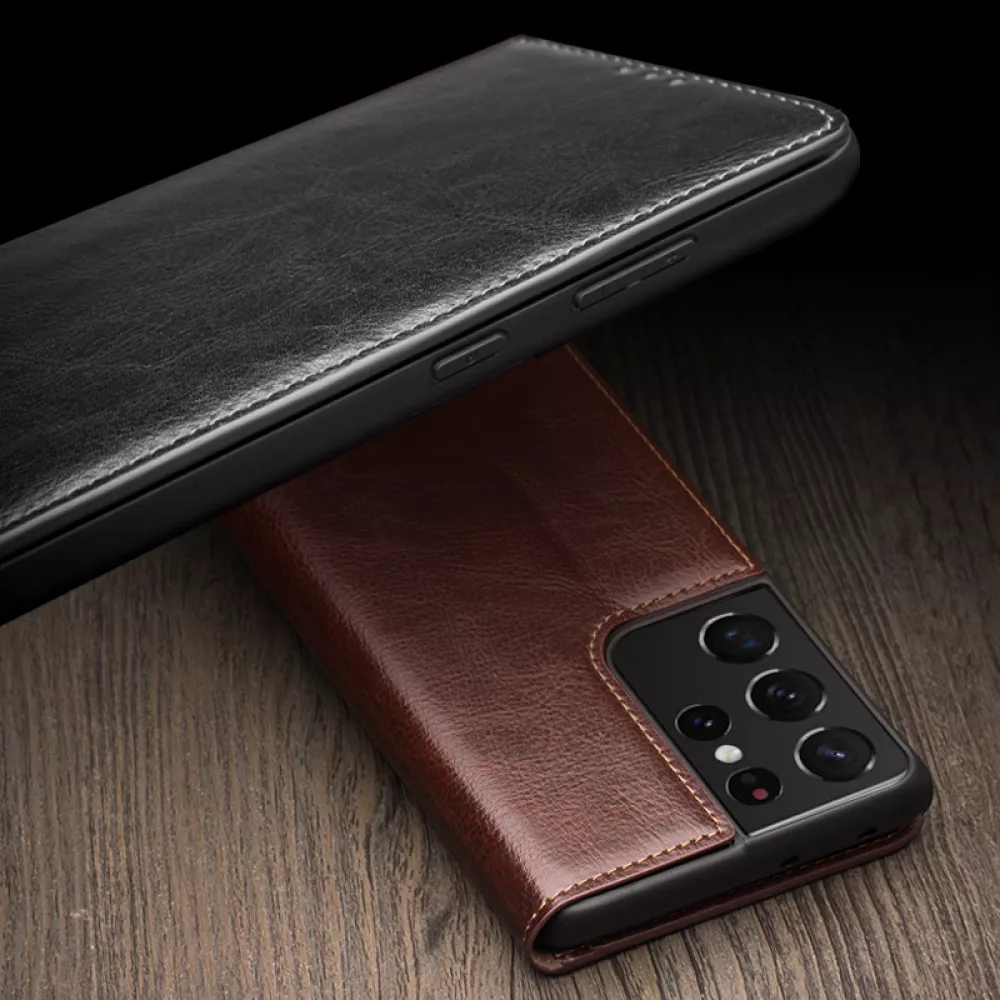 Hülle Samsung Galaxy S23 - Qialino Flip Echtleder - Schwarz