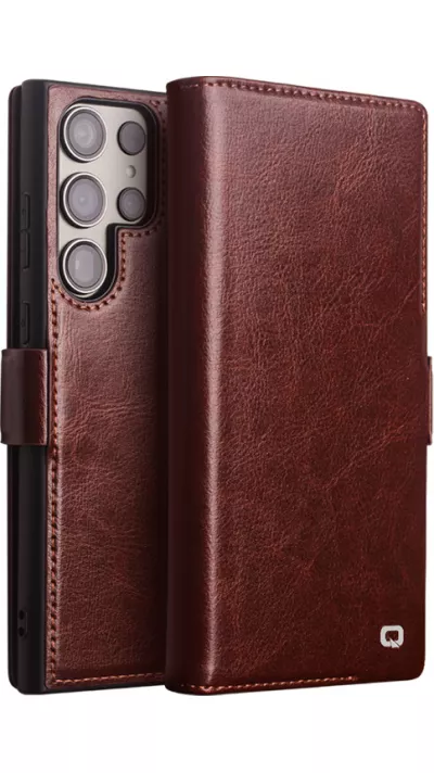 Fourre Samsung Galaxy S24 Ultra - Flip Qialino cuir véritable avec fermeture magnétique - Brun foncé