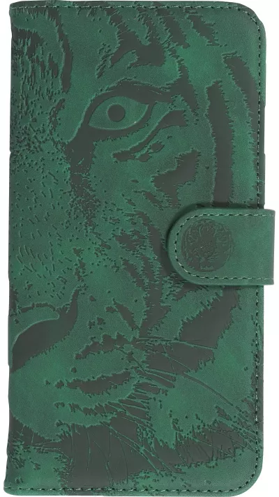 iPhone 15 Pro Case Hülle - 3D Flip Kunstleder Auge des Tigers - Grün