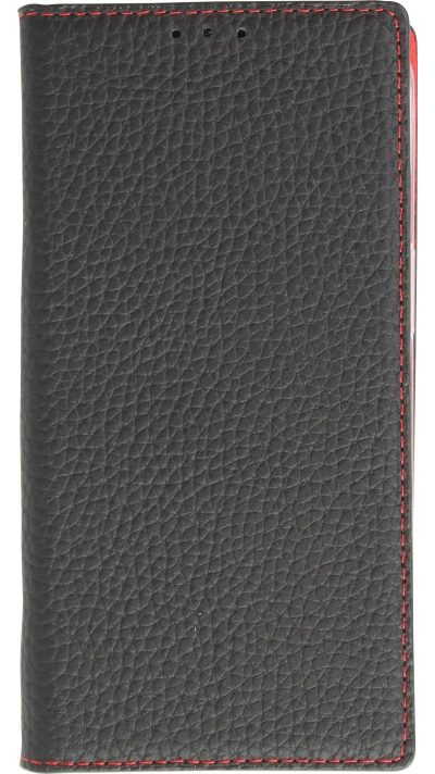 iPhone 15 Pro Case Hülle - Flip 3D echtes genarbtes Rindsleder - Schwarz/rot
