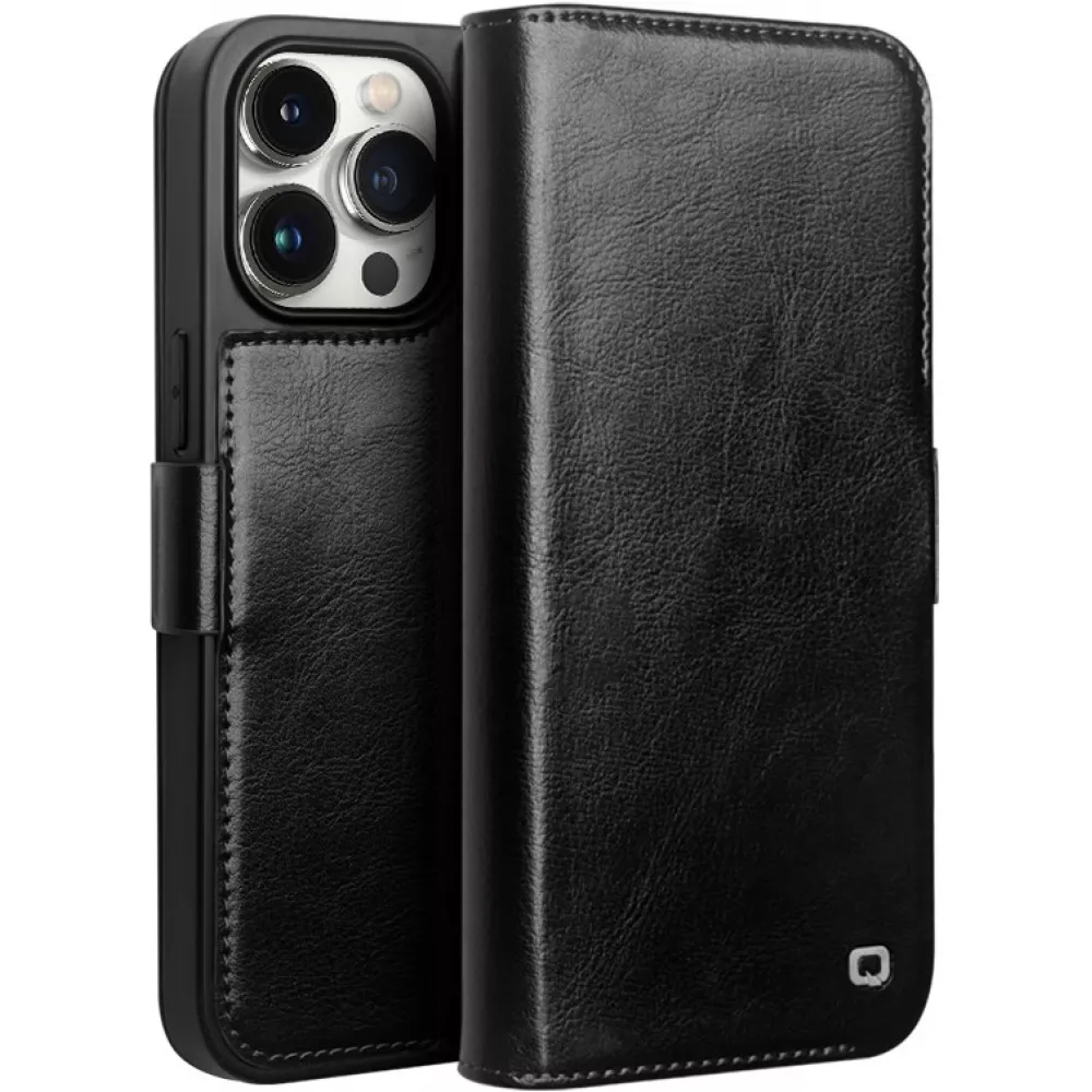 iPhone 14 Pro Max Case Hülle - Flip Qialino Echtleder mit magnetischem Verschluss - Schwarz