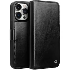 iPhone 14 Pro Max Case Hülle - Flip Qialino Echtleder mit magnetischem Verschluss - Schwarz