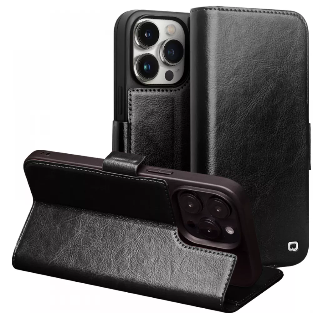 iPhone 14 Pro Max Case Hülle - Flip Qialino Echtleder mit magnetischem Verschluss - Schwarz