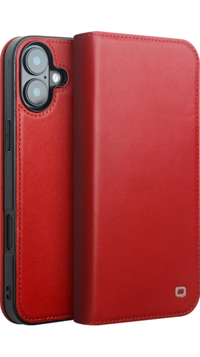 iPhone 16 Case Hülle - Qialino Flip Matt Wallet Echtleder - Rot