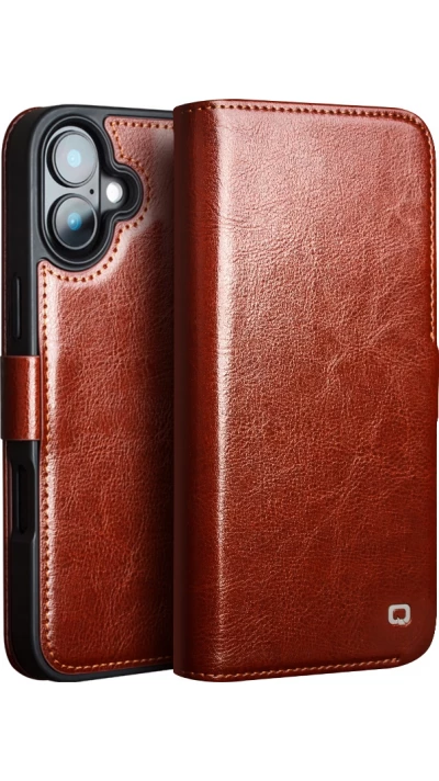 iPhone 16e Case Hülle - Flip Qialino Echtleder mit magnetischem Verschluss - Braun