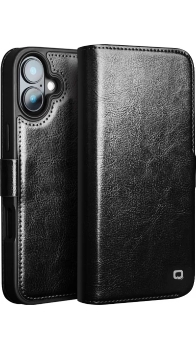 iPhone 16e Case Hülle - Flip Qialino Echtleder mit magnetischem Verschluss - Schwarz