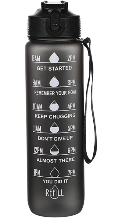 Grande gourde sport 1000ml Stay Hydrated avec motivation à boire et bouchon de sécurité - Noir