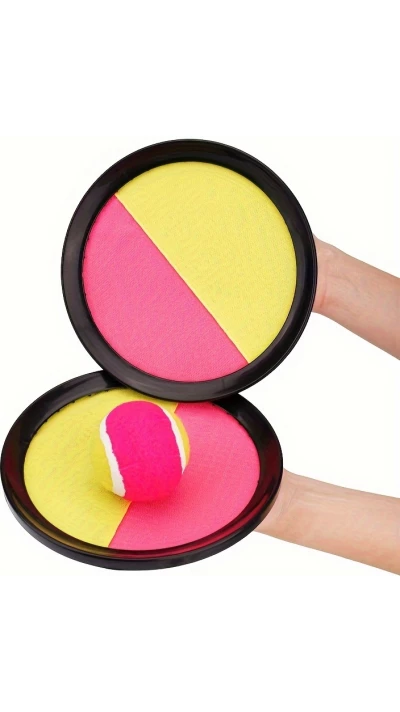 Jeu disques adhésifs velcro avec balle à attraper pour enfants et adultes (set de 2 disques et 1 balle) - Rose/jaune