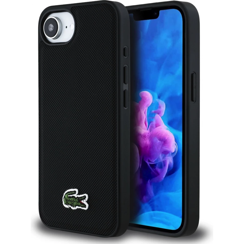 iPhone 16e Case Hülle - Lacoste Petit Piqué Effekt mit MagSafe und gesticktem Logo-Patch - Schwarz