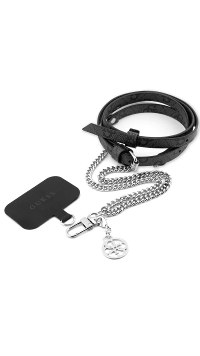 Lanière / bandoulière Guess universelle en similicuir avec monogramme réglable et pendentif Charm en argent - Noir et argent