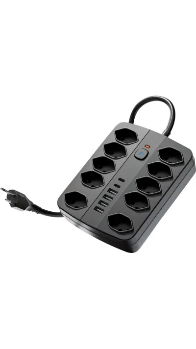 Multiprise 16 en 1 (10 prises AC / 4 ports USB-A / 2 ports USB-C) avec switch On/Off et protection contre surcharge - Noir
