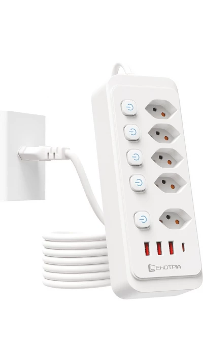 Multiprise 9 en 1 2500W avec 5 prises AC avec interrupteurs boutons individuels et 4 ports USB dont 1 USB-C - Blanc