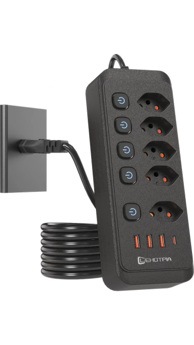 Multiprise 9 en 1 2500W avec 5 prises AC avec interrupteurs boutons individuels et 4 ports USB dont 1 USB-C - Noir