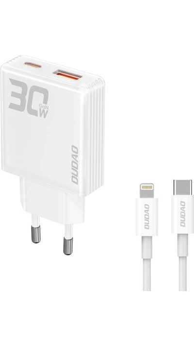 Pack chargeur mural 30W USB-A / USB-C GaN Dudao A30EUT avec câble USB-C vers Lightning iPhone - Blanc