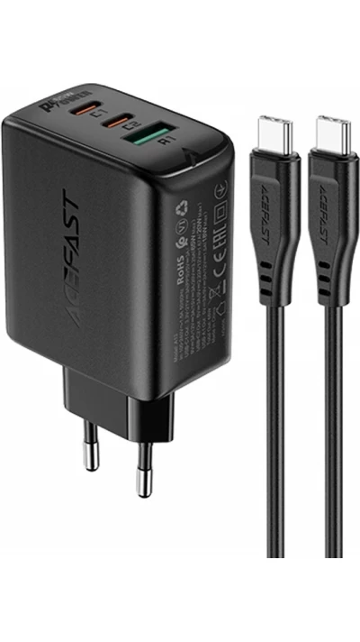 Pack chargeur mural 65W USB-C / USB-A rapide PD QC 3.0 avec câble USB-C (1.2 m) - Noir