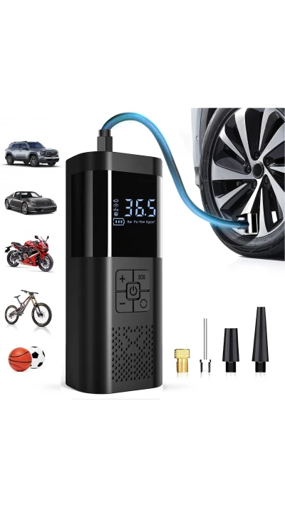 Pompe à pneus portable 150PSI avec manomètre LED et recharge rapide sans fil pour voiture moto vélo