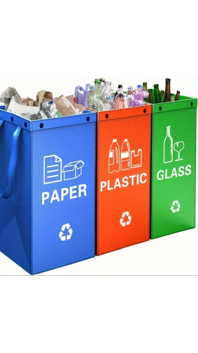 Sacs poubelle pliable 3 en 1 avec 3 couleurs pour tri des déchêts (papier / plastique / verre)
