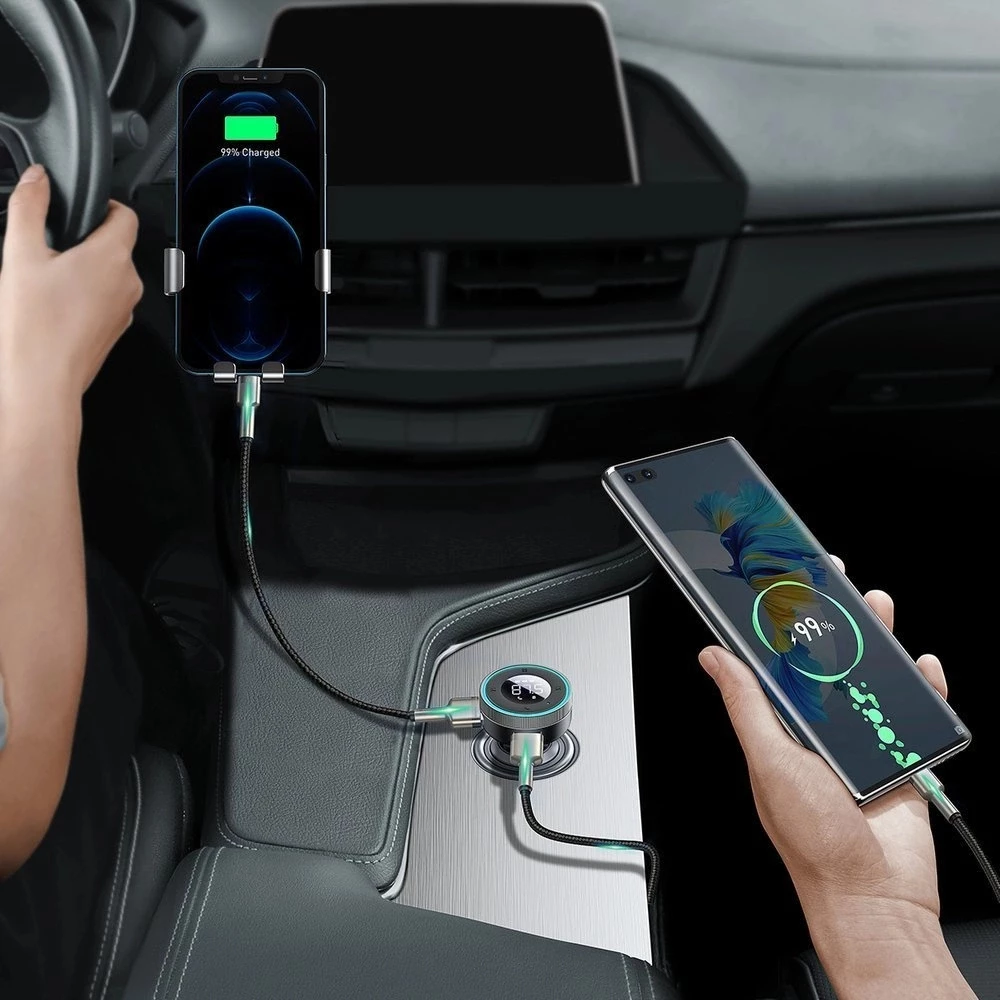Baseus Enjoy FM Transmitter Auto Ladegerät LED 2x USB / 3.5mm Klinkenstecker Drahtloser MP3-Player Bluetooth 5.0 3.4A (CCLH-01) - Schwarz
