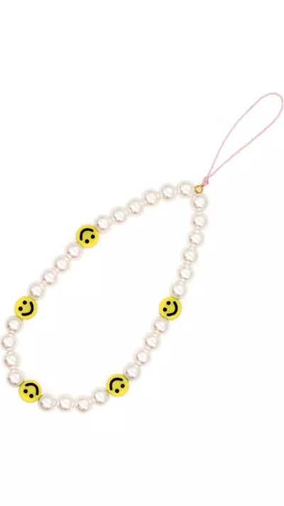 Bijou de téléphone universel / Pendentif bracelet à charms - N°21 Happy smiley faces - Blanc