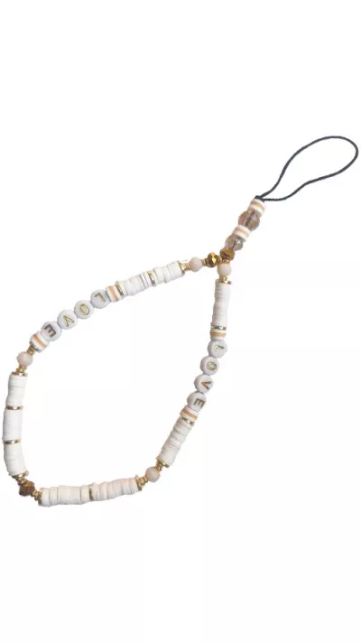 Bijou de téléphone universel / Pendentif bracelet à charms - N°25 LOVE & perles - Blanches - Blanc