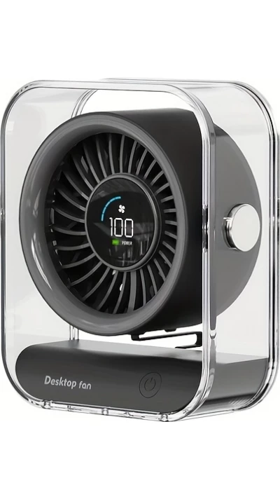 Transparenter tragbarer Design-Tischventilator mit LED-Display (3 Geschwindigkeiten) - Schwarz